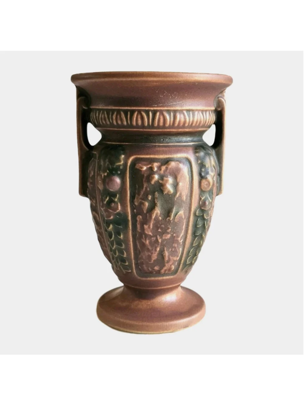 Roseville Pottery Florentine Brown Double Handled Urn Vase - 6